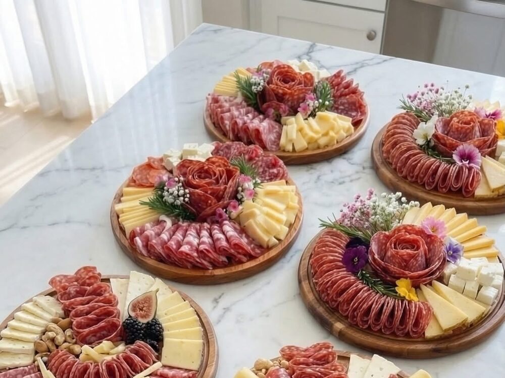 Individual platters with edible flowers for a wedding