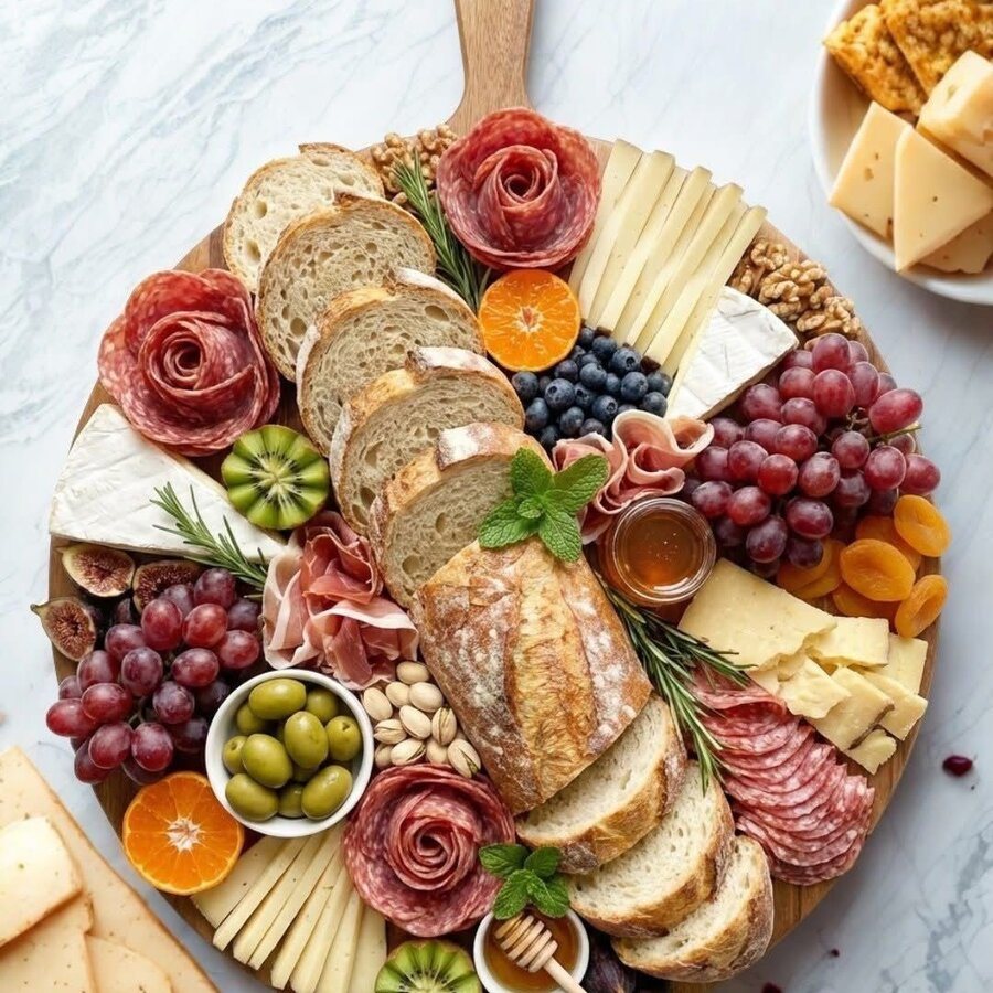 Mediterranean spread with artisan bread, ham, cheeses and fresh fruit