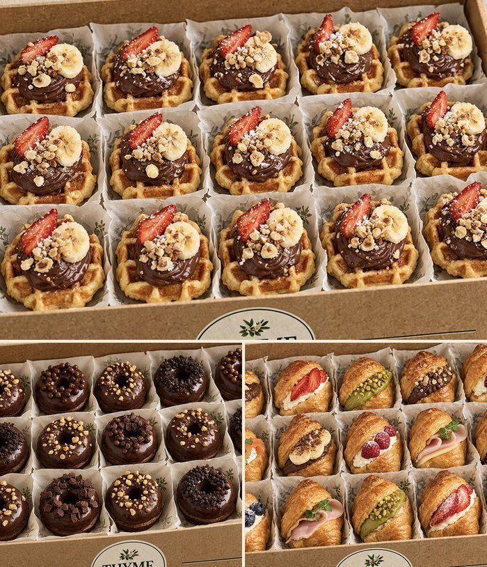 THYME Coffee Break Box with waffles, doughnuts and croissants